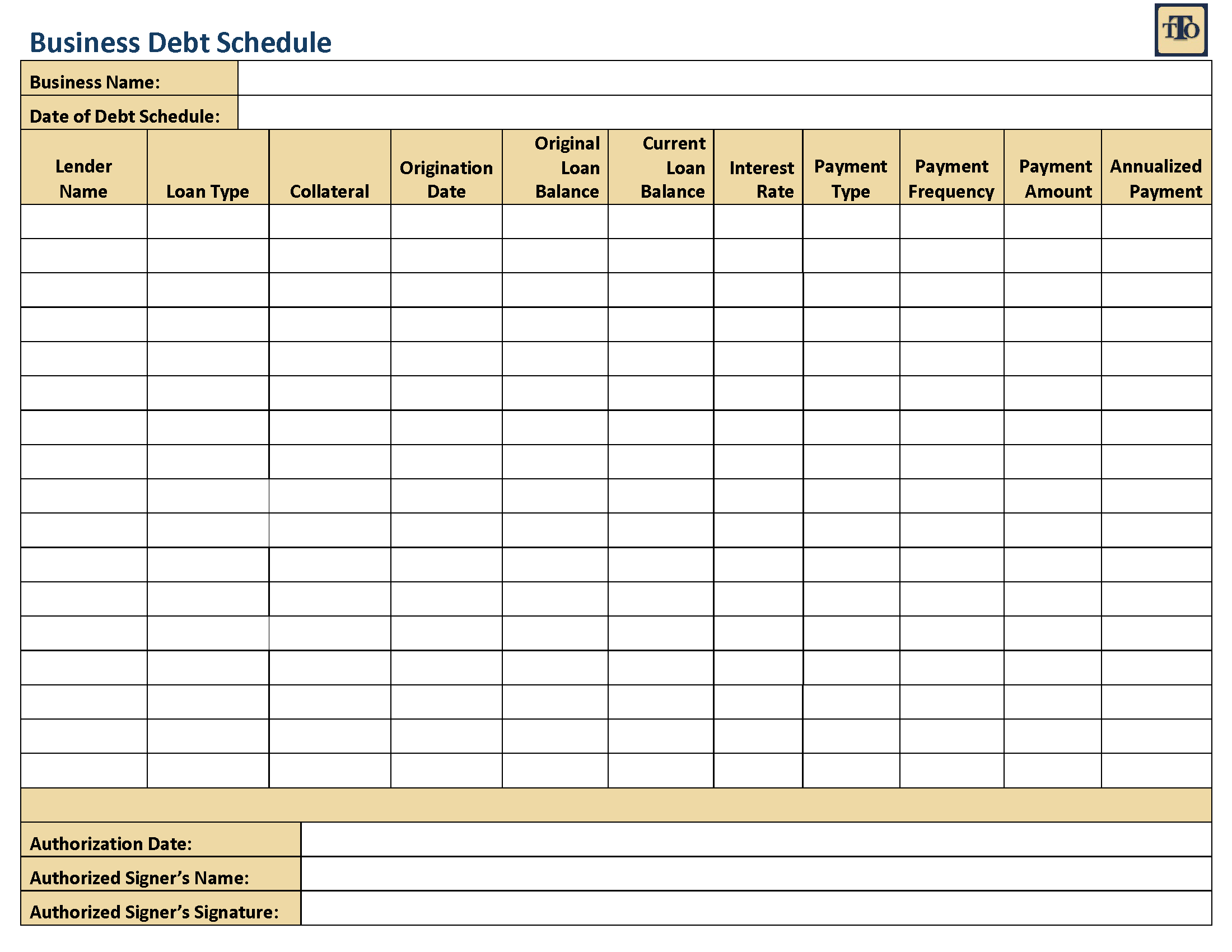 Business Debt Schedule Template